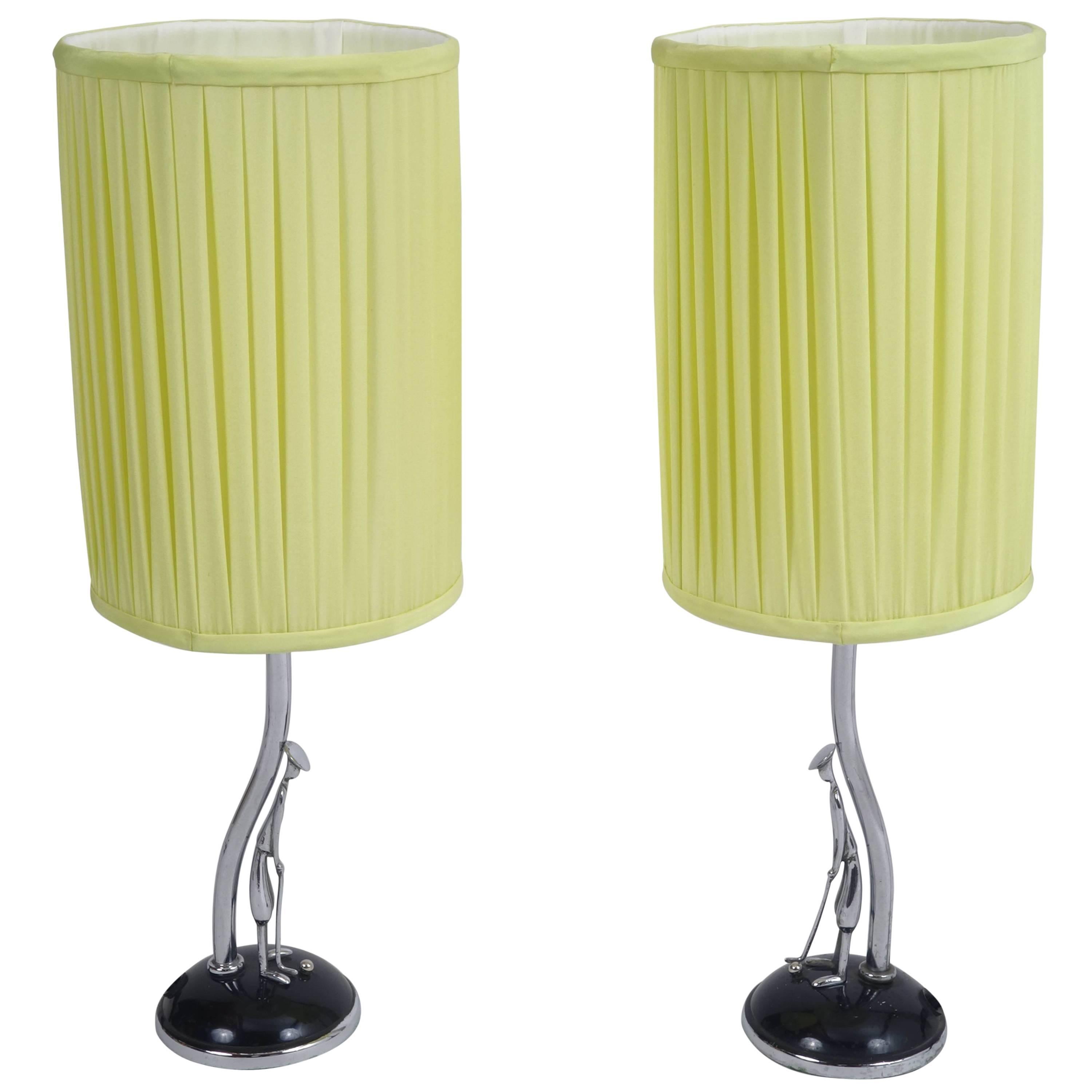 Hagenauer Table Lamps, Sculptured Nickel Stands with Yellow Lampshades For Sale