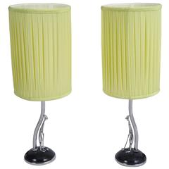 Hagenauer Table Lamps, Sculptured Nickel Stands with Yellow Lampshades