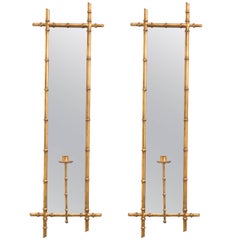Pair of Gilt Metal Faux Bamboo Mirrored Candle Sconces