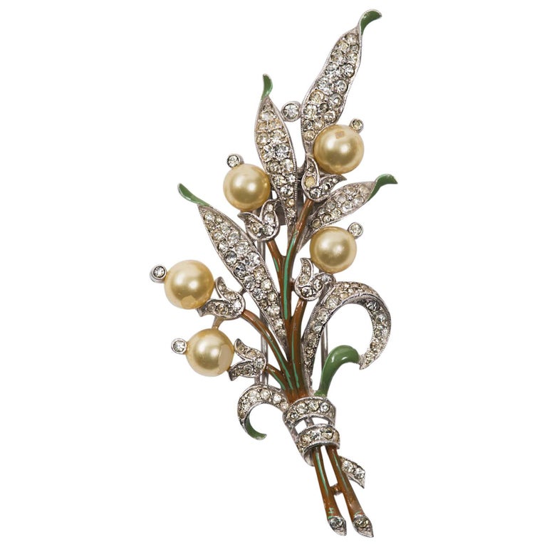 Trifari rhinestone and faux pearl floral bouqet brooch at 1stDibs