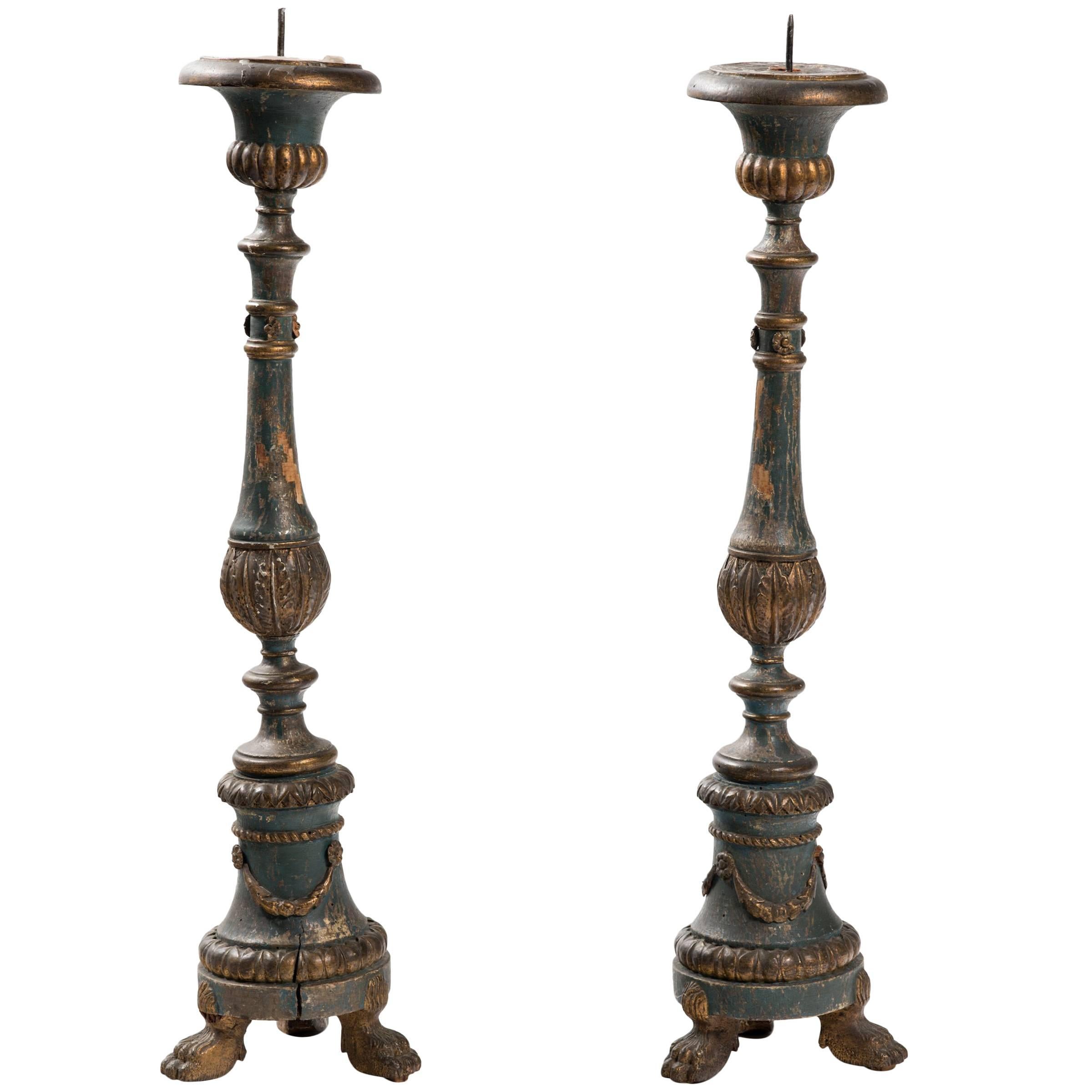 Pair of Early 19th Century Tall Italian Wood Altar Candlesticks