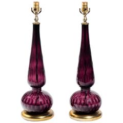 Retro Pair of Purple Murano Genie Bottle Table Lamps