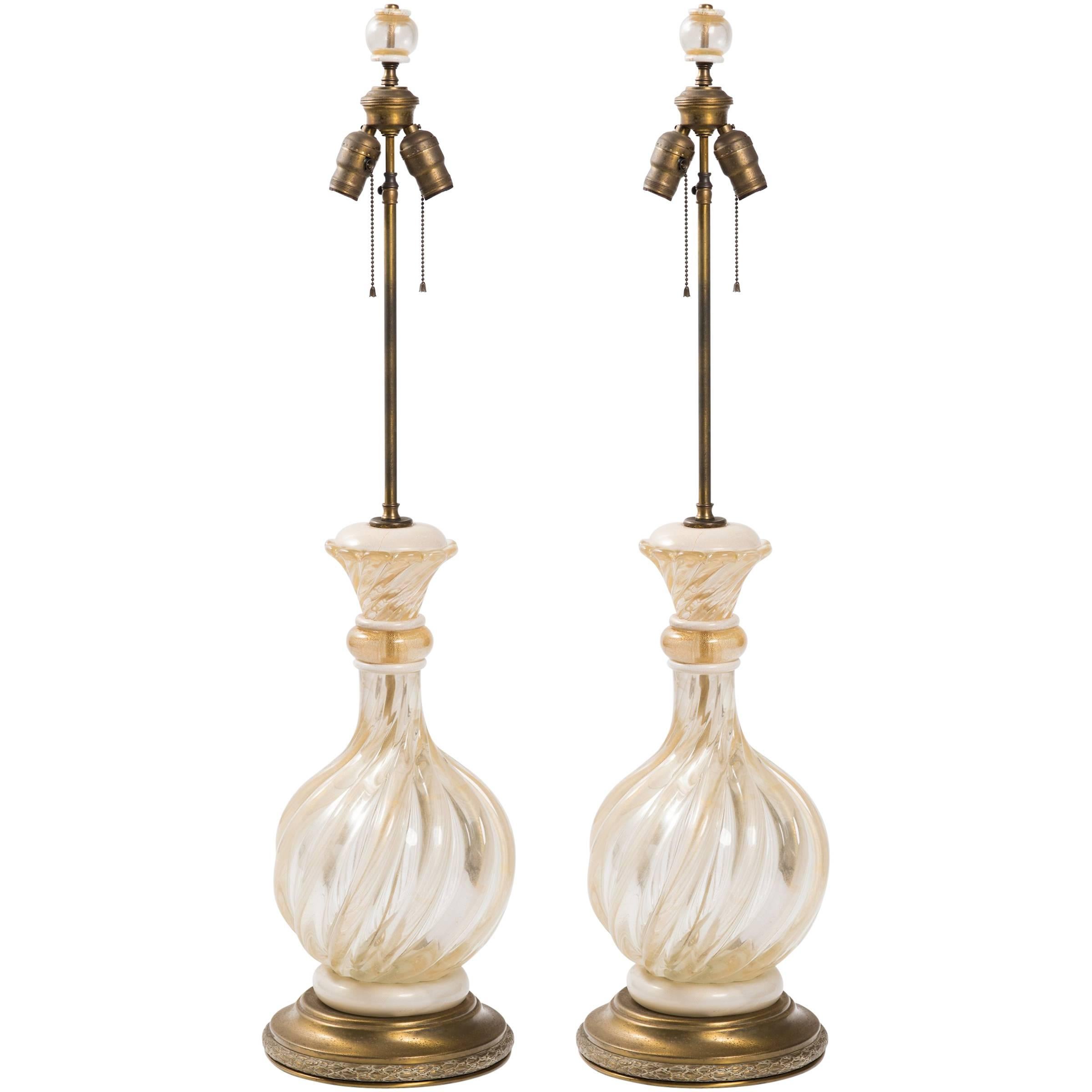 Pair of 1950s Seguso Gold Flake Murano Lamps