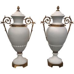 Vintage Pair of French Porcelain Bisque Mantle Urns with Ormolu Mounts