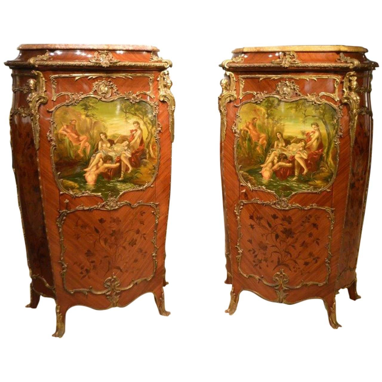 Pair of Mahogany Ormolu-Mounted French Serpentine Cabinets with Vernis Martin For Sale