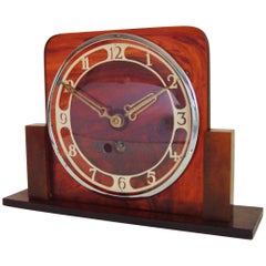 German Art Deco Tortoiseshell Bakelite and Lucite Mechanical Mantel Clock