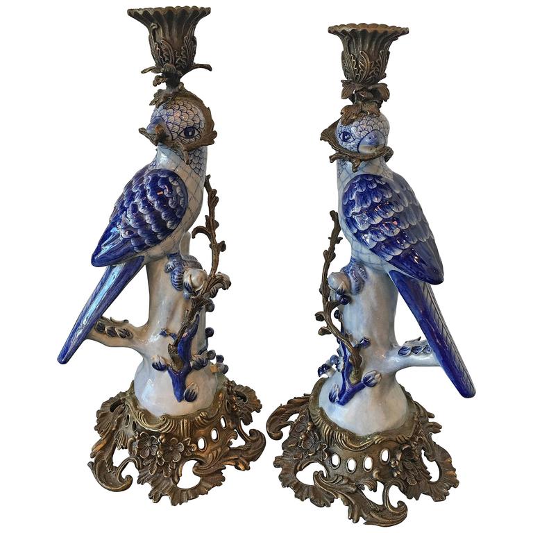 Pair Large Ceramic Blue Parrot Birds Candleholders Brass Tropical