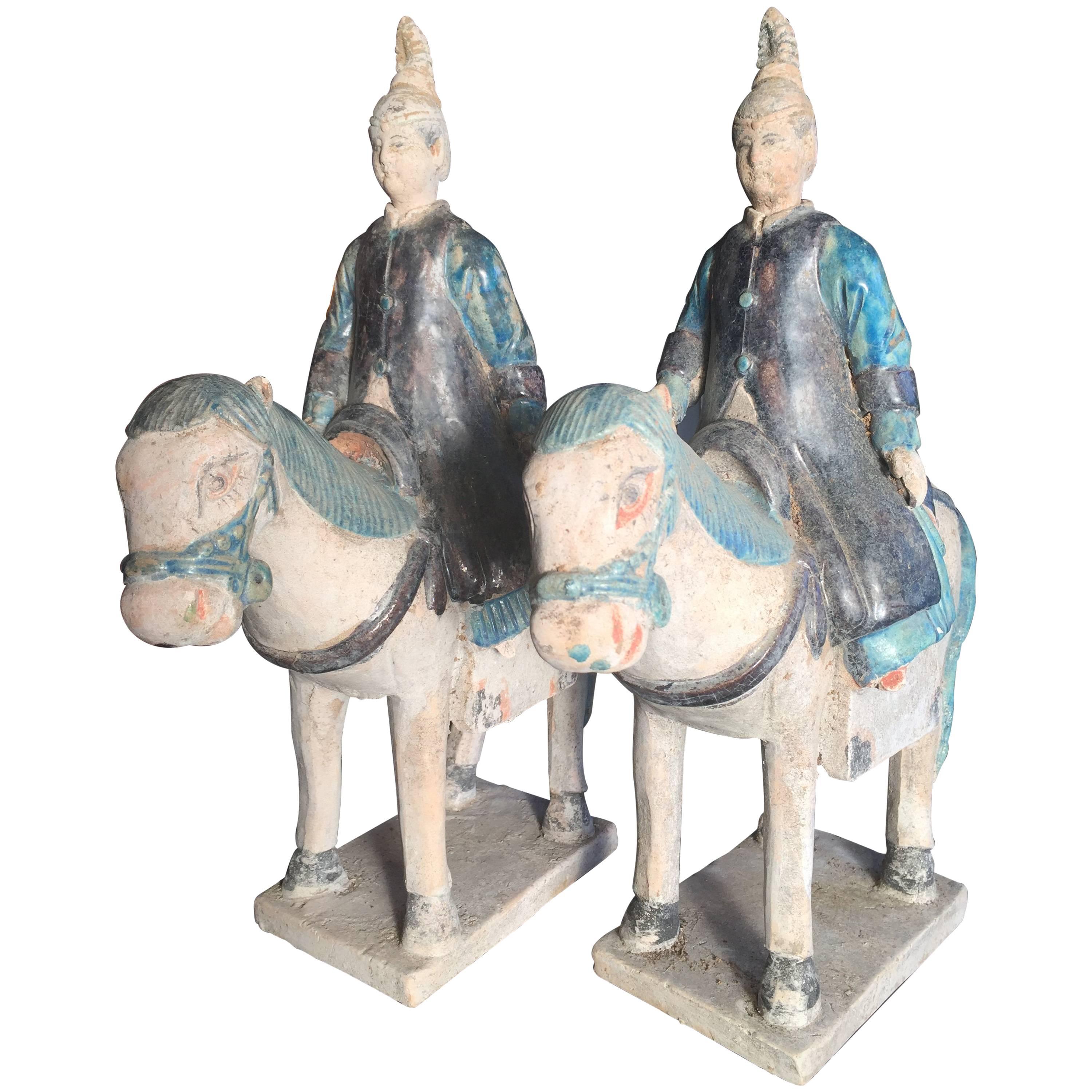 Ancient Imperial China Ming Pair Scarce Blue Female Equestrian Horse Riders, 1500