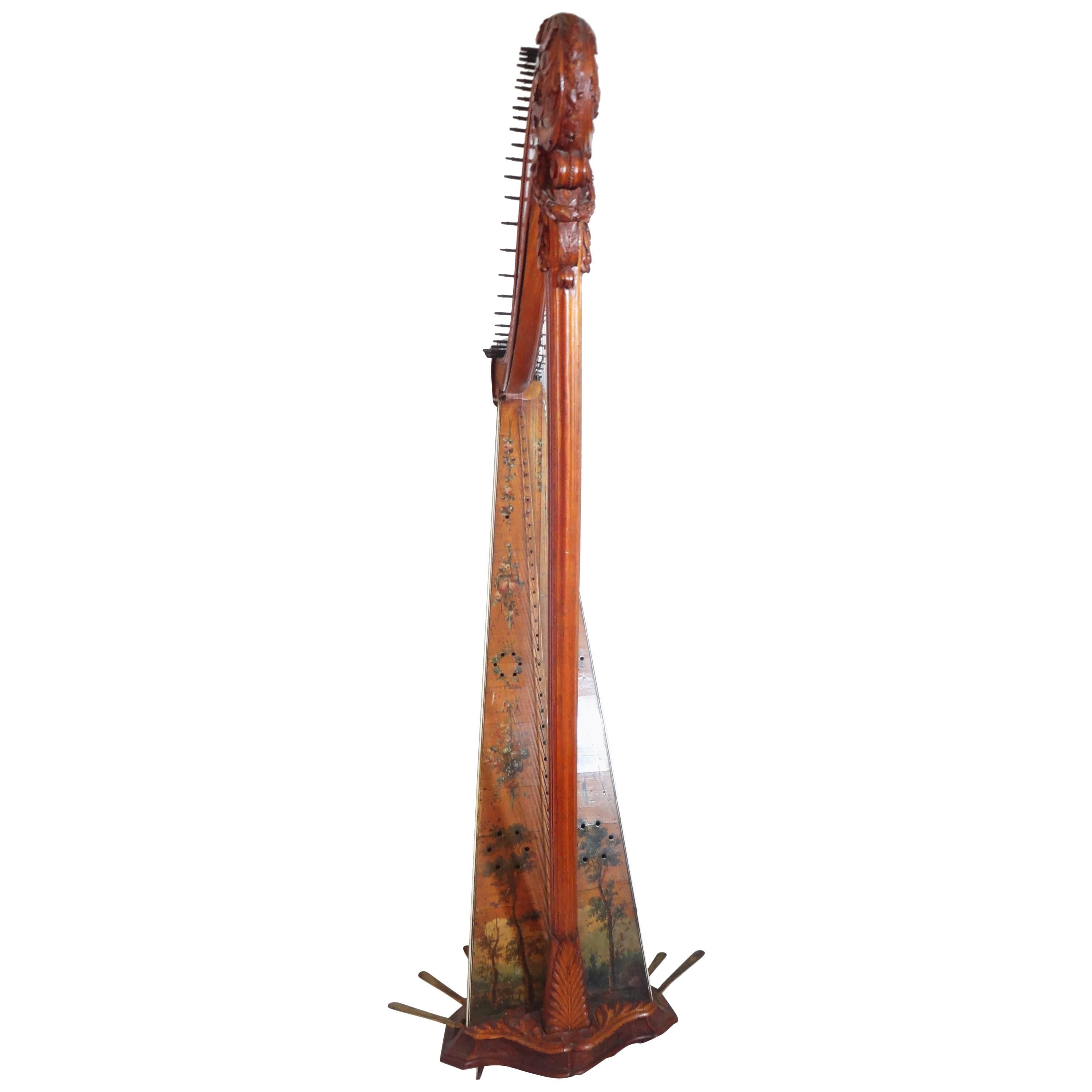 Rare Harp, 18th Century, Wood Painted with Flowers, Landscape, France