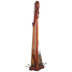 Antique Rare Harp, 18th Century, Wood Painted with Flowers, Landscape, France