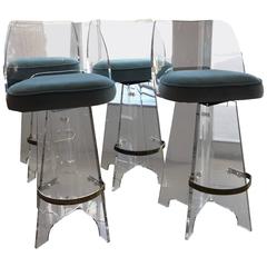 Set of Four Lucite and Brass Bar Stools, Newly Upholstered, Vintage