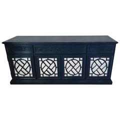 Vintage Chinese Chippendale Fretwork Credenza Sideboard Buffet Newly Lacquered Mirrored