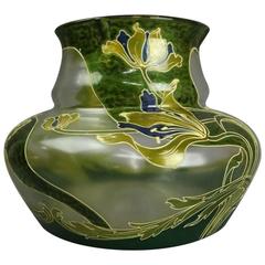 Large Antique French Mont Joye Art Nouveau Mouth Blown Art Glass Vase, Floral