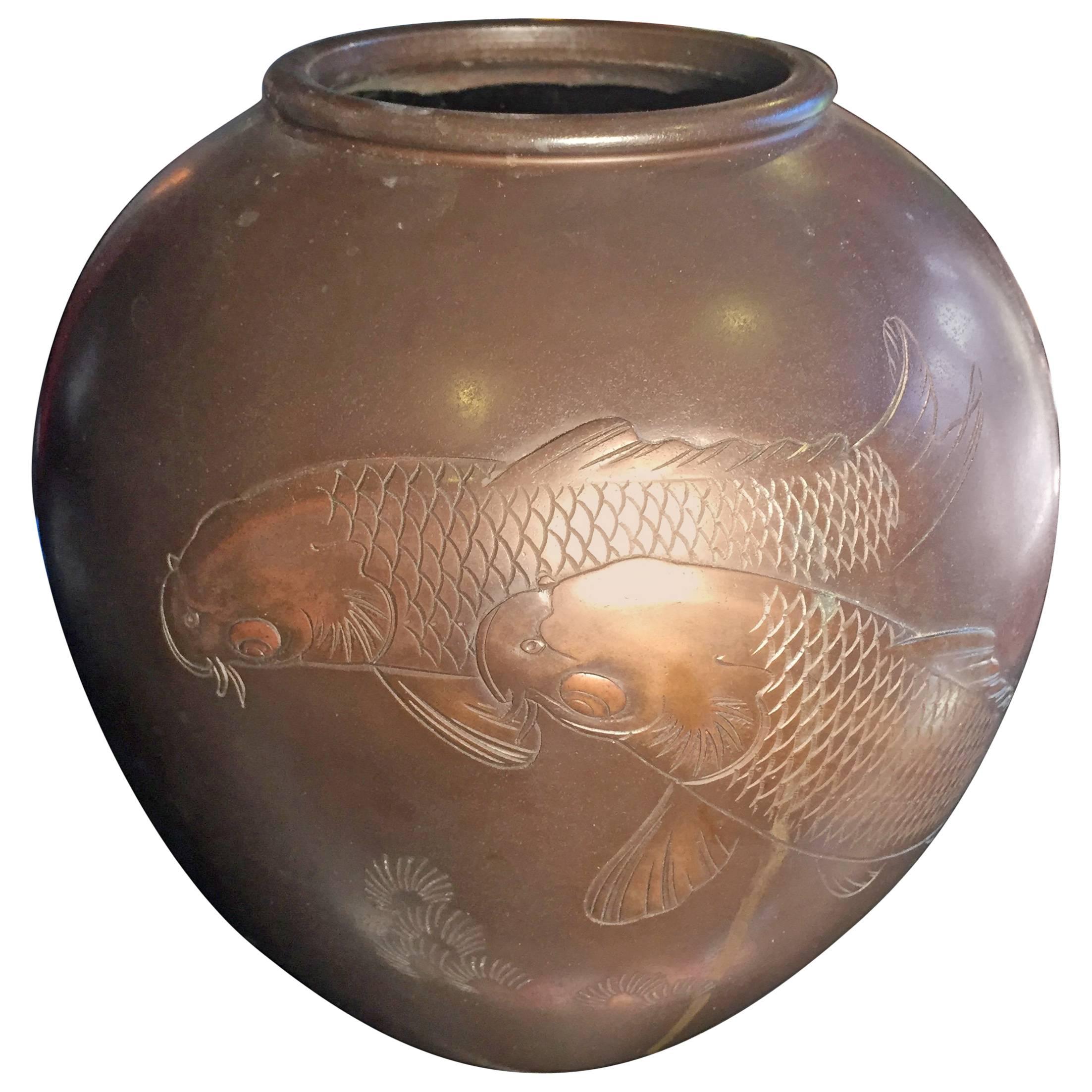 Fine Antique Japanese  "Double Koi"  Hand Cast Bronze Vase Mint, Signed & Boxed