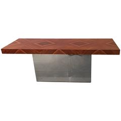 Milo Baughman Console Table Chrome and Rosewood Diamond Pattern Vintage 9
