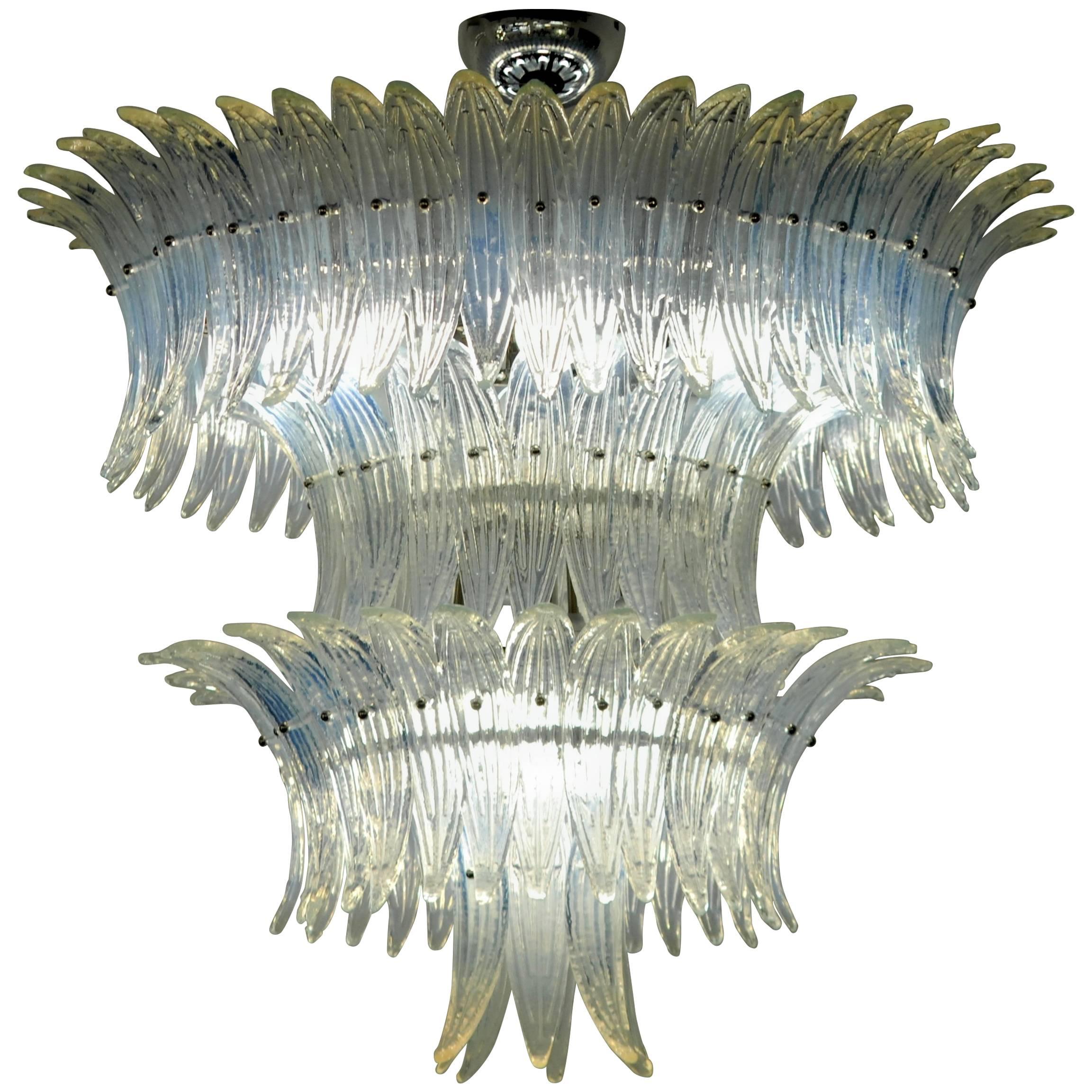 Large Palmette Opaline Murano Chandelier, Four Tiers in Barovier Style, 1990s