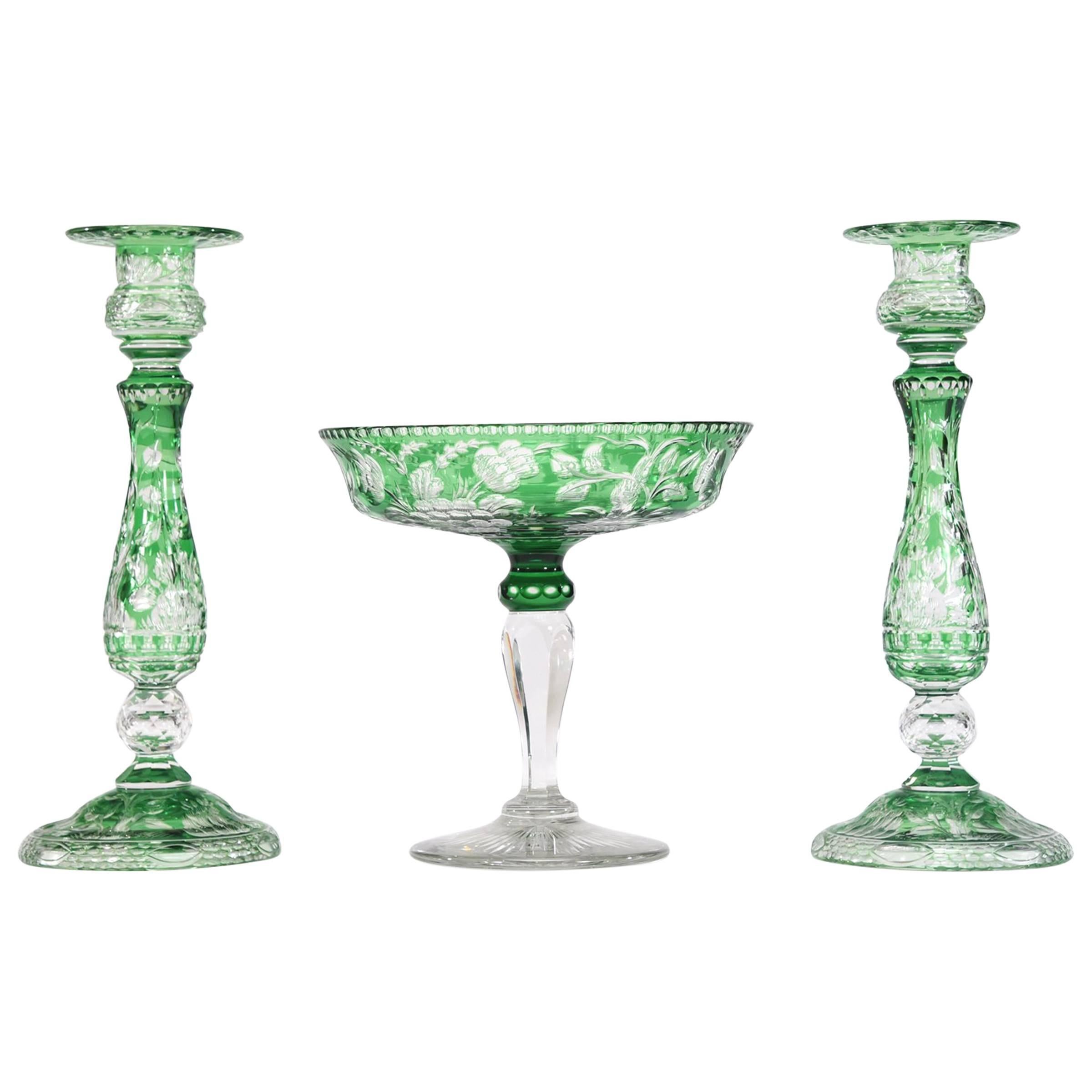 Stevens & Williams Green Cut to Clear Crystal Candlesticks & Footed Centrepiece