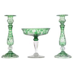 Stevens & Williams Green Cut to Clear Crystal Candlesticks & Footed Centrepiece