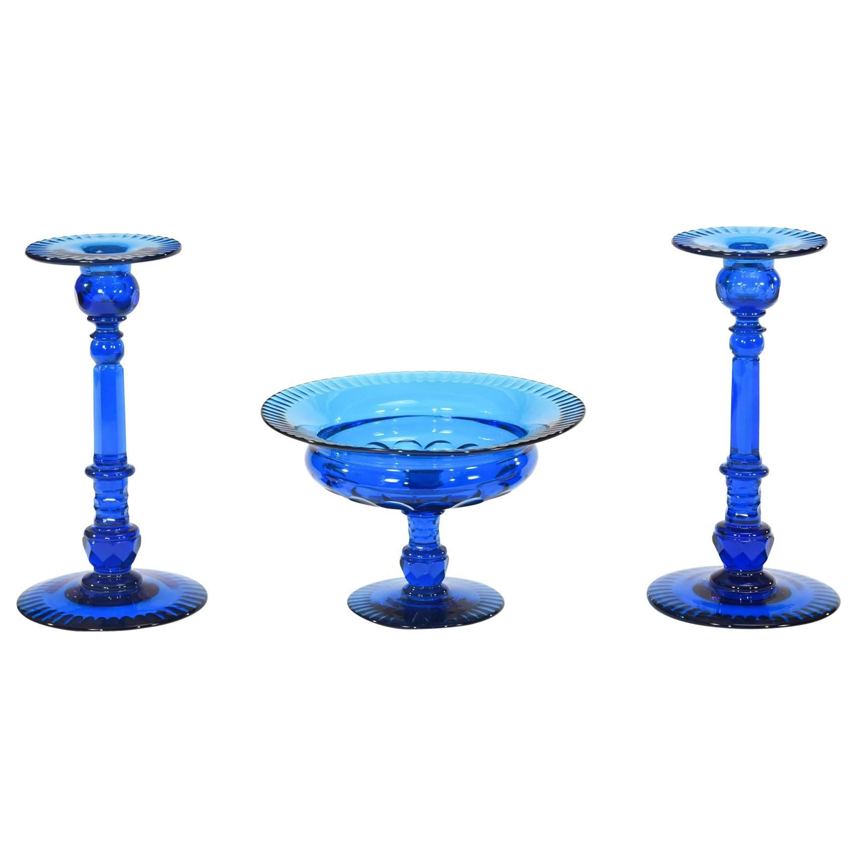 Steuben "Celeste Blue" Cut Crystal Centerpiece Set Candlesticks & Bowl