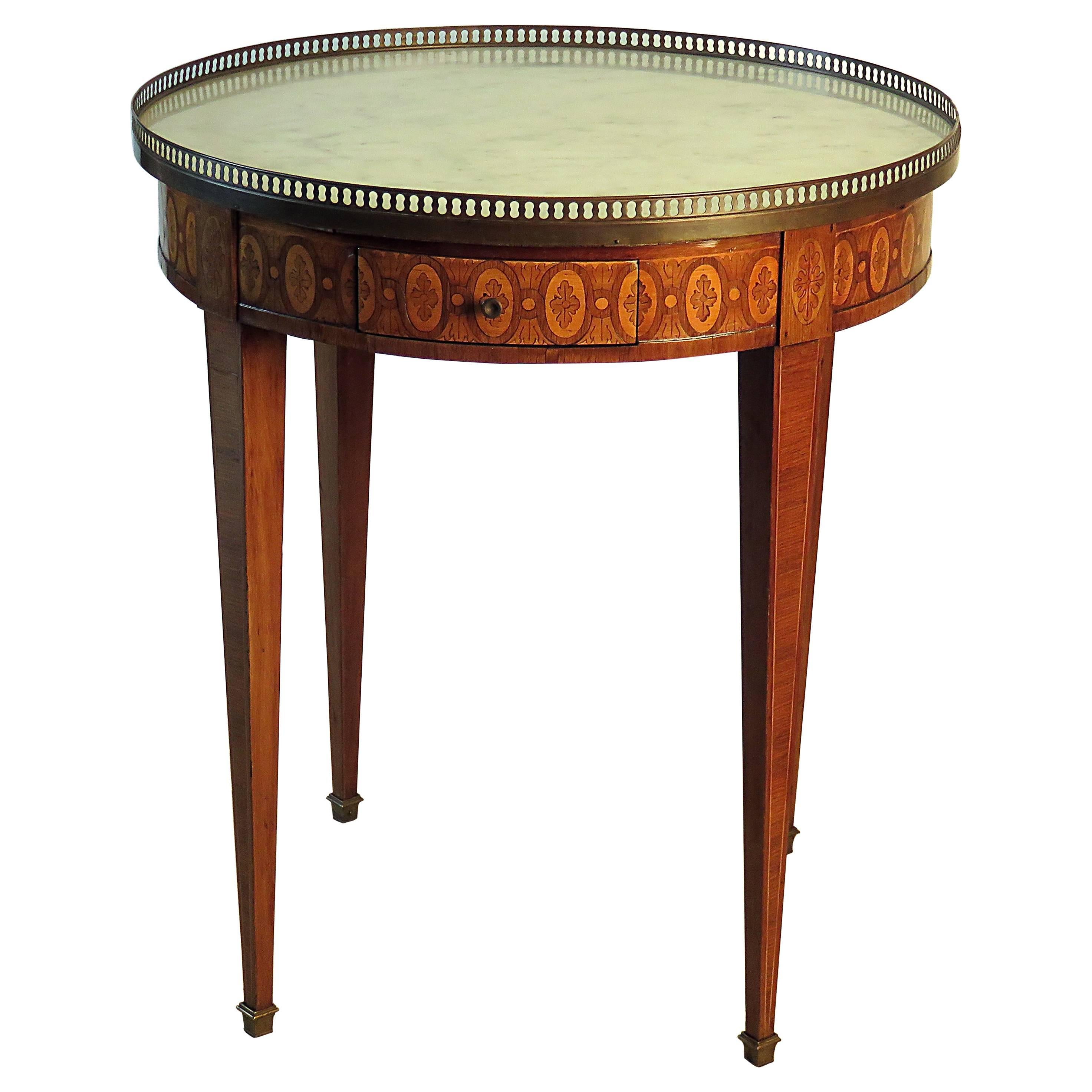 French Louis XVI Style Bouilotte or Gueridon with Marble, Inlay and Brass