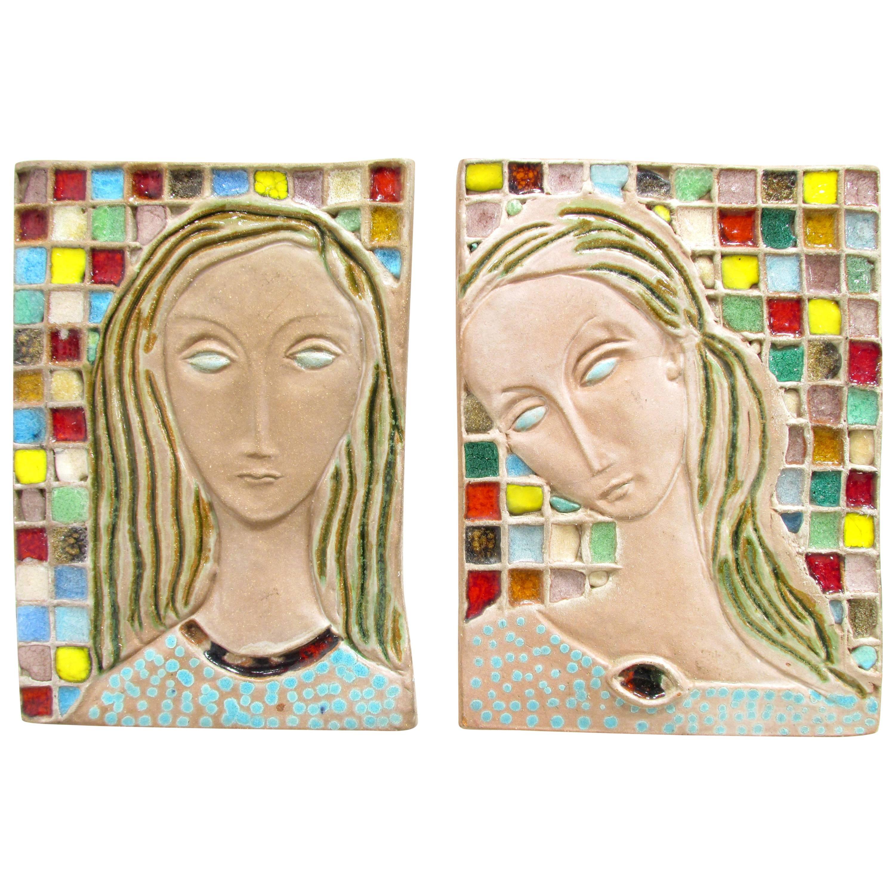 Pair of Italian Woman Portraits Mid-Century Modern Ceramic Plaques For Sale