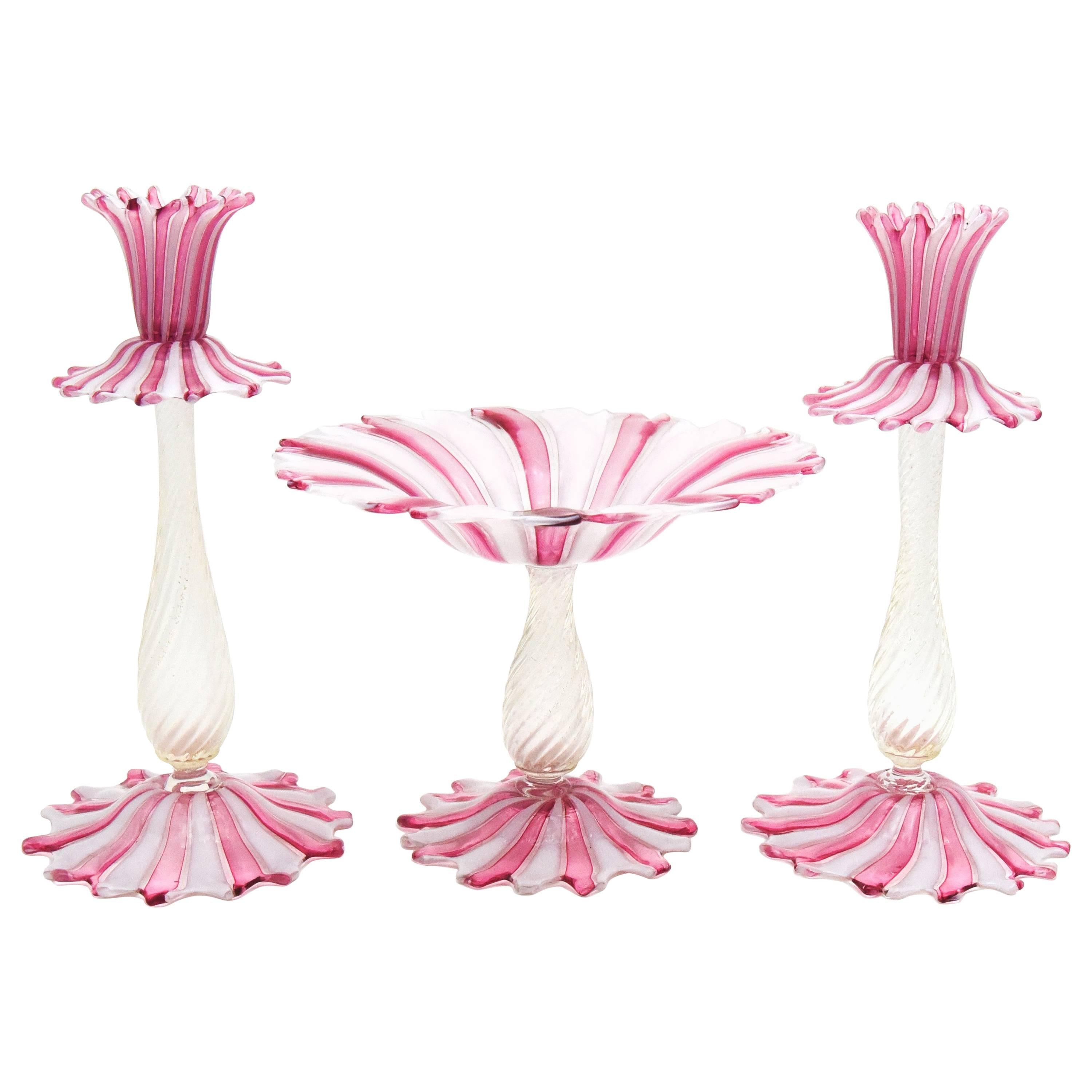 Handblown Venetian Murano Three-Piece Centerpiece Pink and White Stripes For Sale