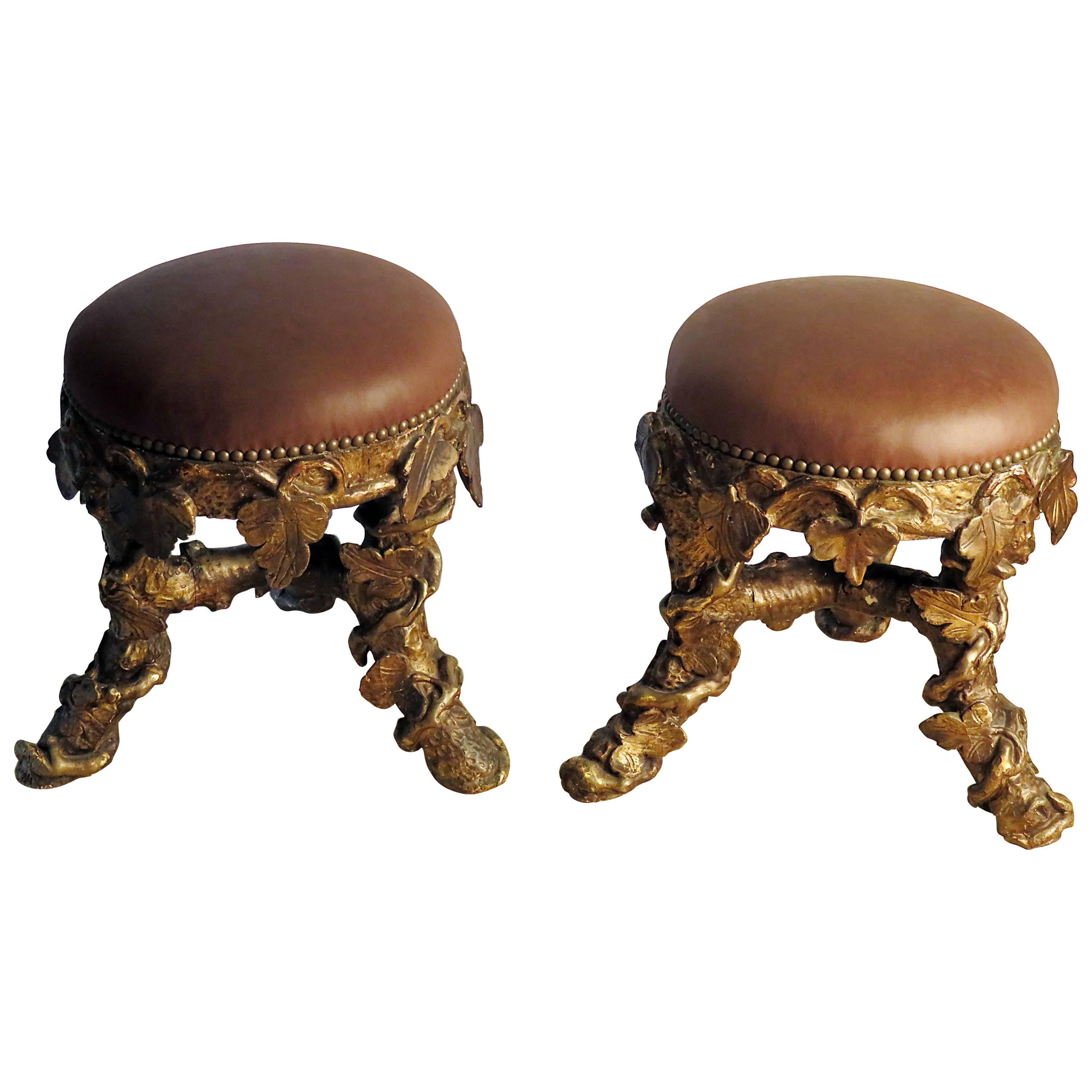 Pair of Italian Giltwood Grotto Stools Upholstered in Leather, circa 1870