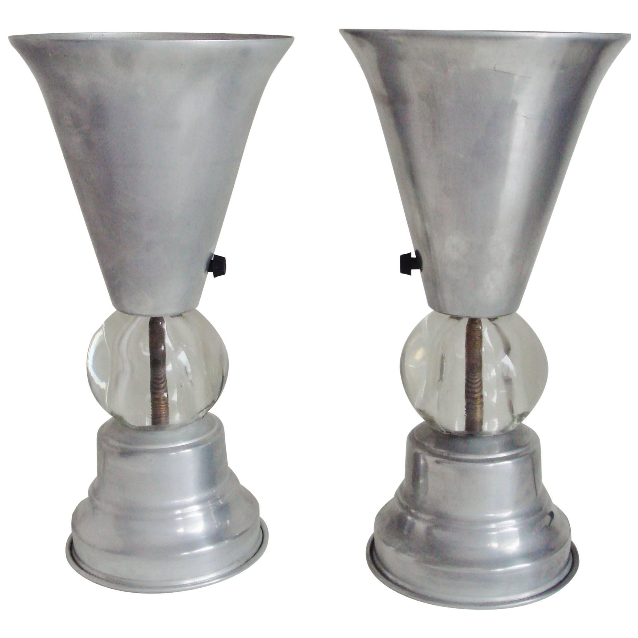 Pair of American Art Deco/Machine Age Aluminum and Glass Tabletop Torchieres For Sale