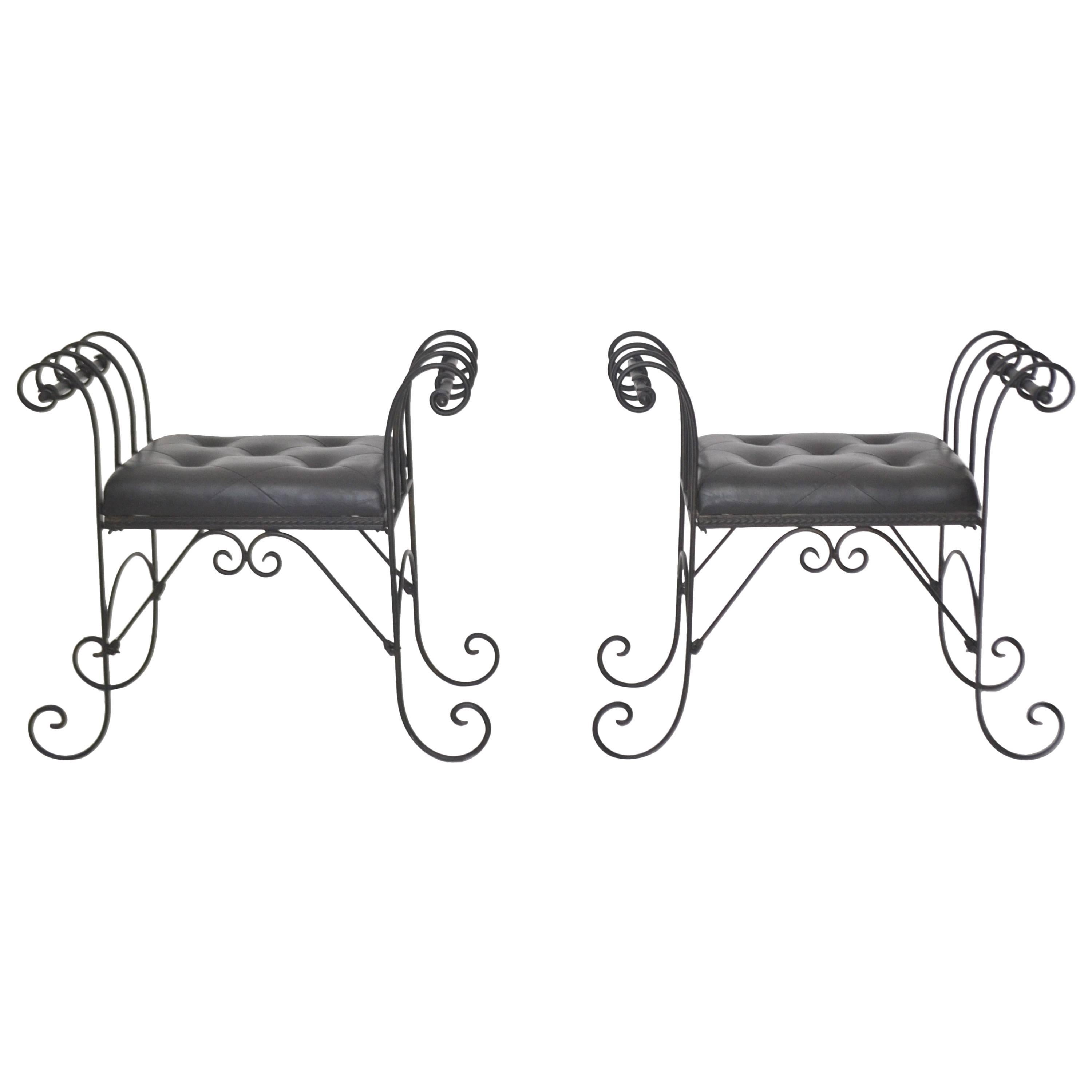 Pair of Midcentury Wrought Iron Tufted Leather Benches For Sale