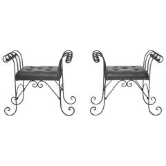 Pair of Midcentury Wrought Iron Tufted Leather Benches