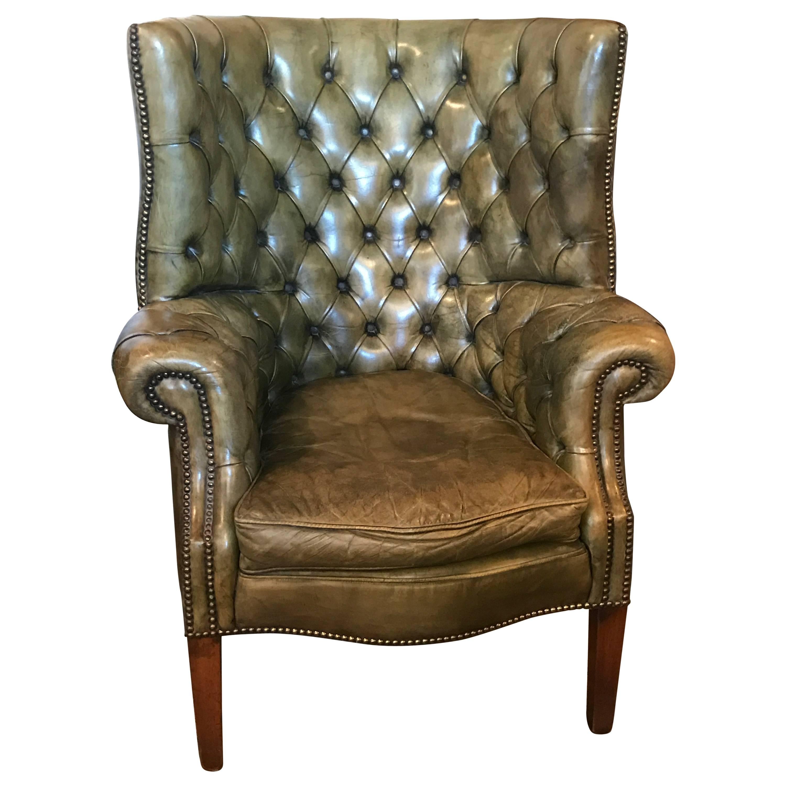 Mid-20th Century English Leather Barrel Wing Chair