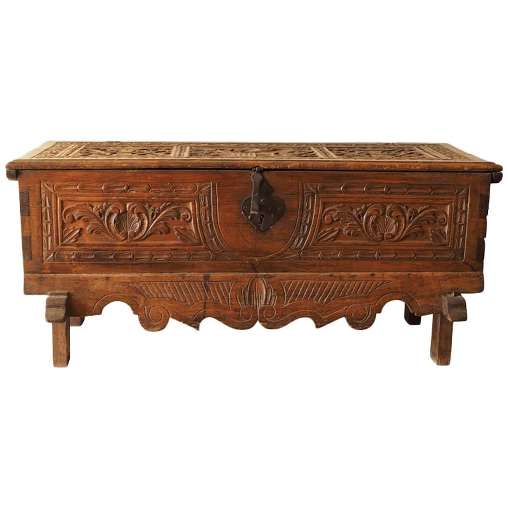 Antique Heavily Carved Chest in Primitive Style