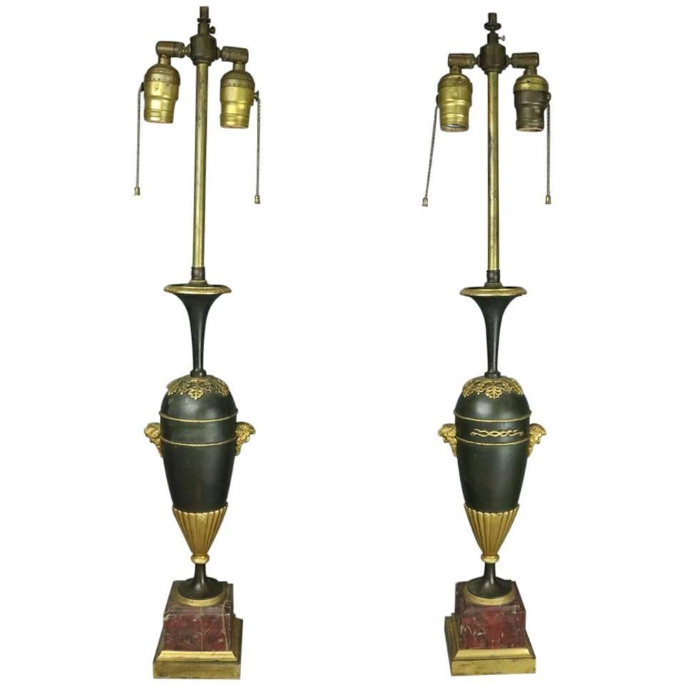 Pair of Antique Classical Parcel-Gilt Bronze Marble Lamp Bases, circa 1900