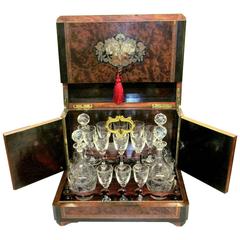 Antique French Inlaid Amboyna & Rosewood Cave a' Liqueur Engraved Tantalus Set
