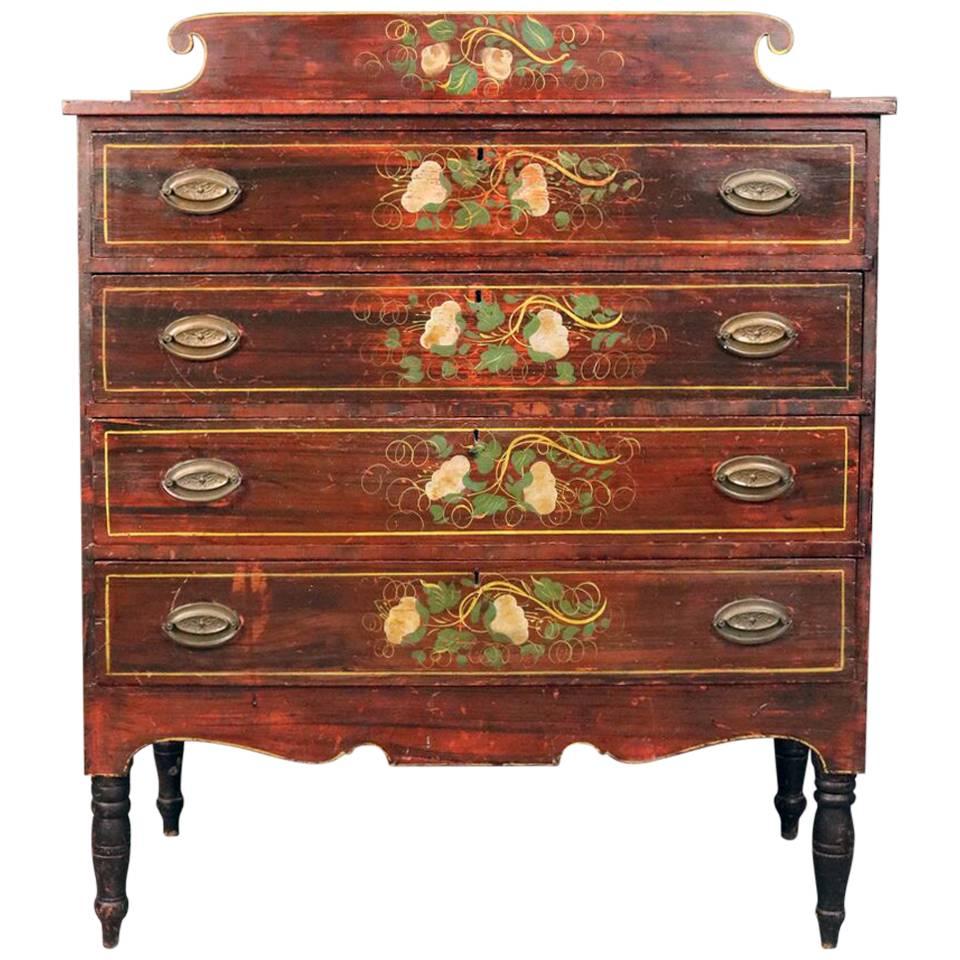 Antique Federal Chest with Hand-Painted Graining 
Floral Motif, Eagle Pulls