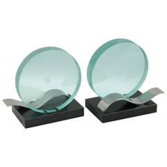 French Mid-Century Modernist Pair of Bookends Glass Slab with Etching 4