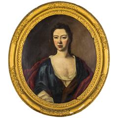 18th Century Portrait of a Young Woman in Oval Frame, English School, 1720