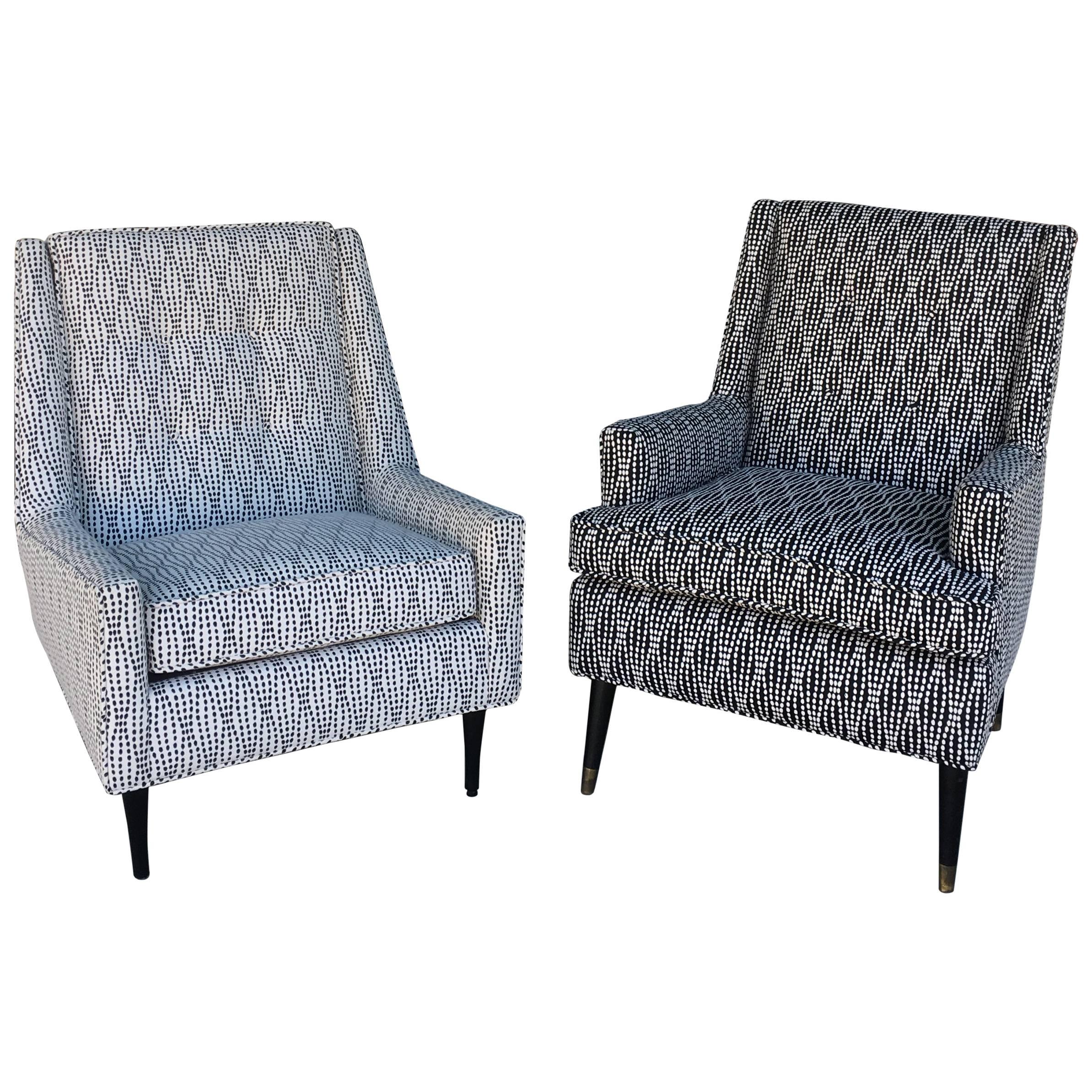 Pair Mid-Century Modern His and Hers Easy Chairs in New Black and White Jacquard