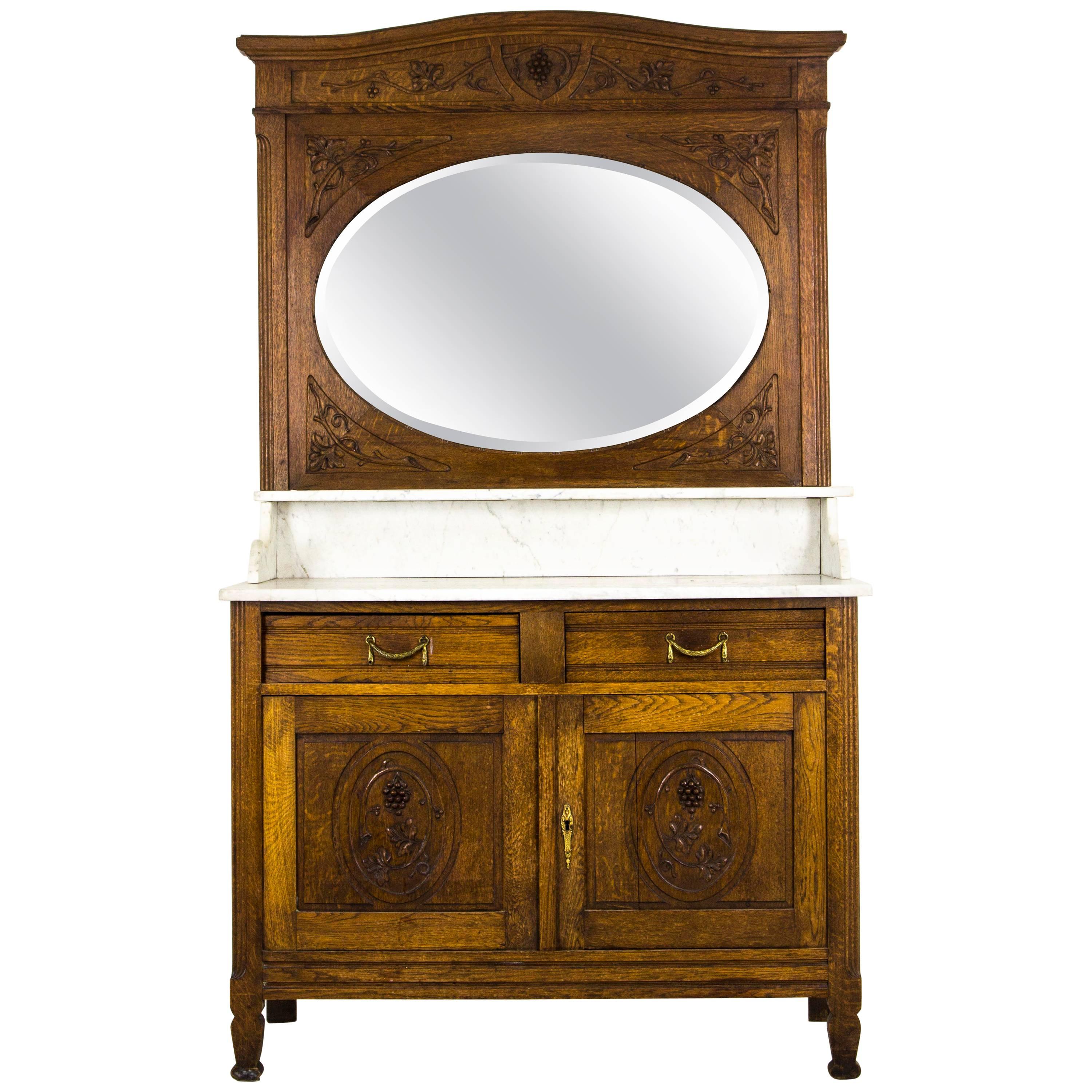 Antique French Oak Marble-Top Vanity, Dresser with Large Bevelled Mirror