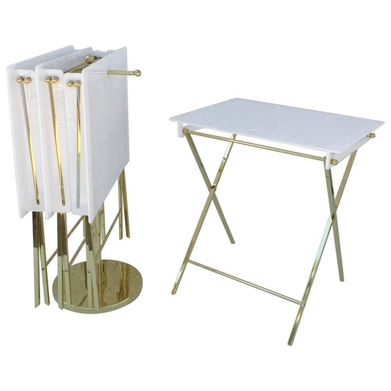Set of Four Acrylic and Brass Folding Tray Tables by Charles Hollis Jones