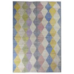 Extra Large Harlequin Pattern Pile Rug, Pastel Color, 21st Century
