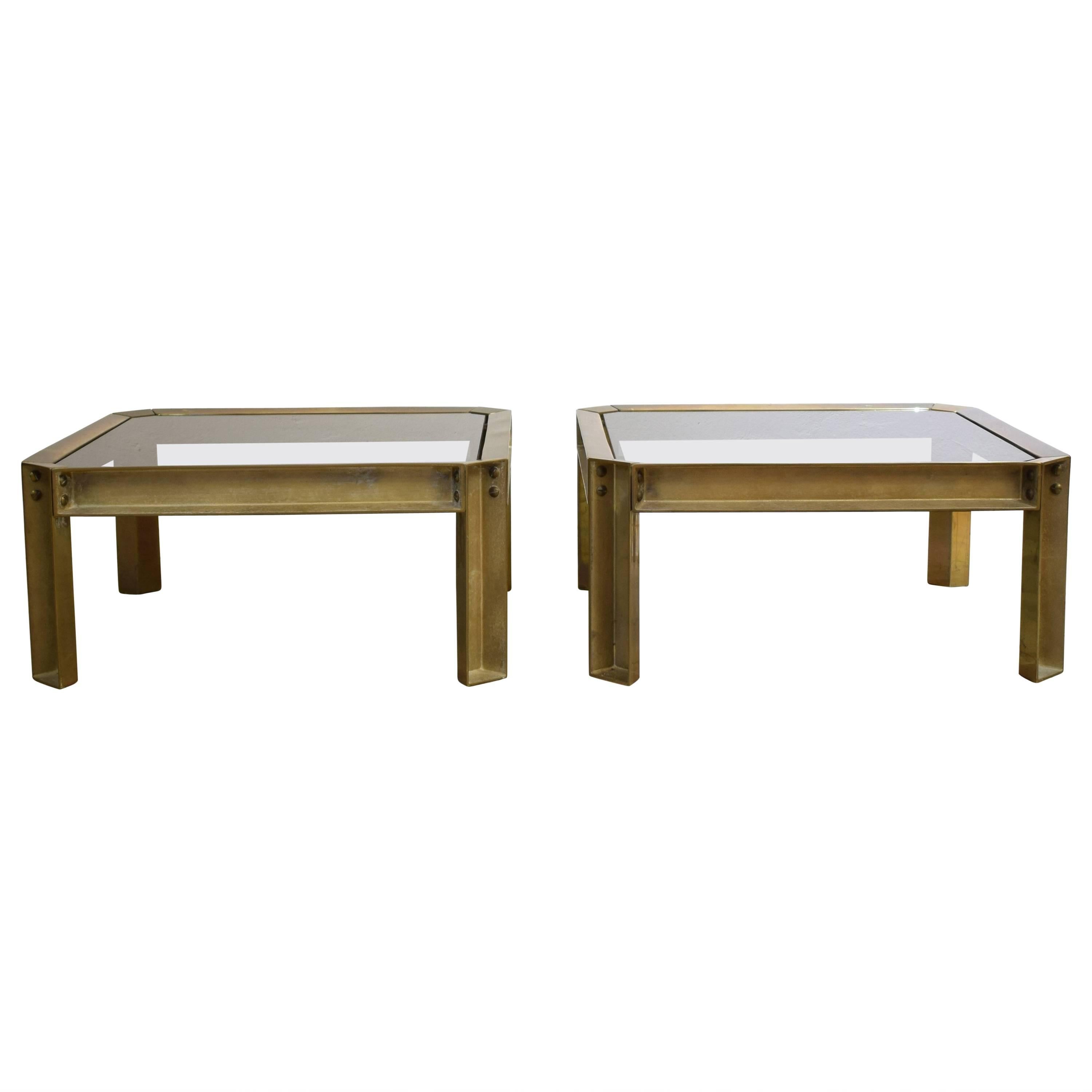 Pair of Casted Brass Coffee Tables with Smoked Glass Top by Peter Ghyczy, 1970s