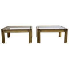 Pair of Casted Brass Coffee Tables with Smoked Glass Top by Peter Ghyczy, 1970s