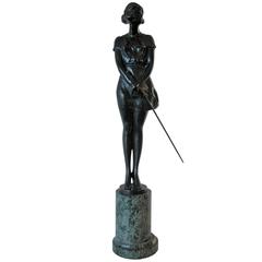 'Girl with Riding Crop, Easy Rider', Art Deco Bronze Sculpture by Bruno Zach