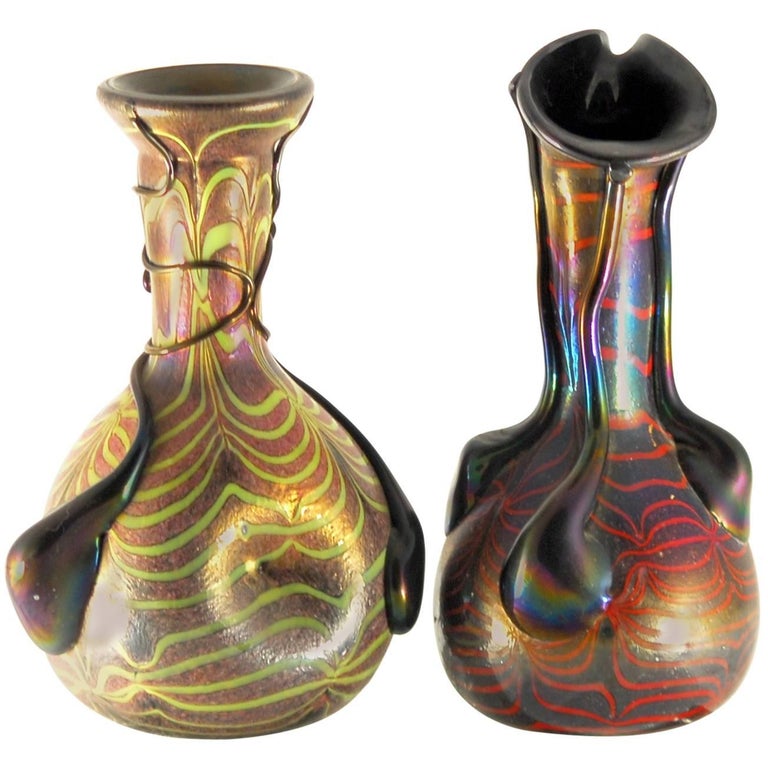 Sergio Rossi, Two Murano iridescent vases in the Style of Loetz, 1980 For Sale
