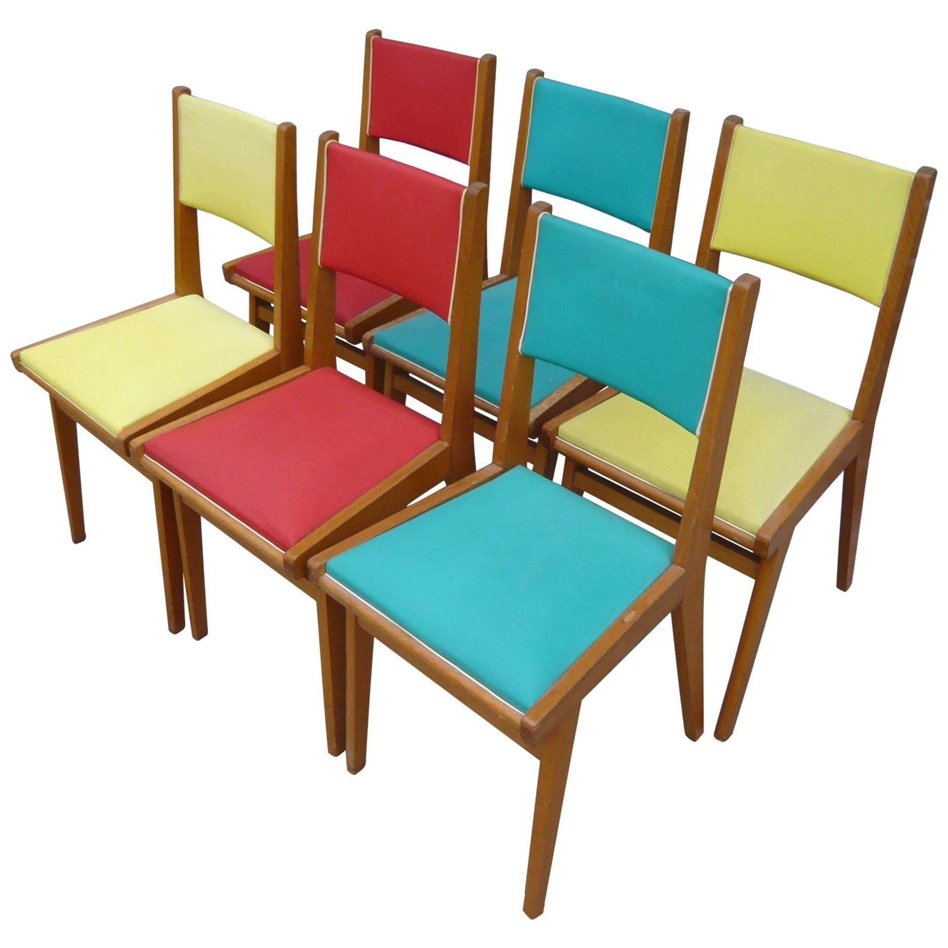 Set of Six French Chairs, Original Mid-Century Modern