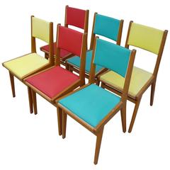 Set of Six French Chairs, Original Mid-Century Modern