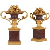 Paire de Cassolettes anciennes françaises en bronze doré et porphyre
