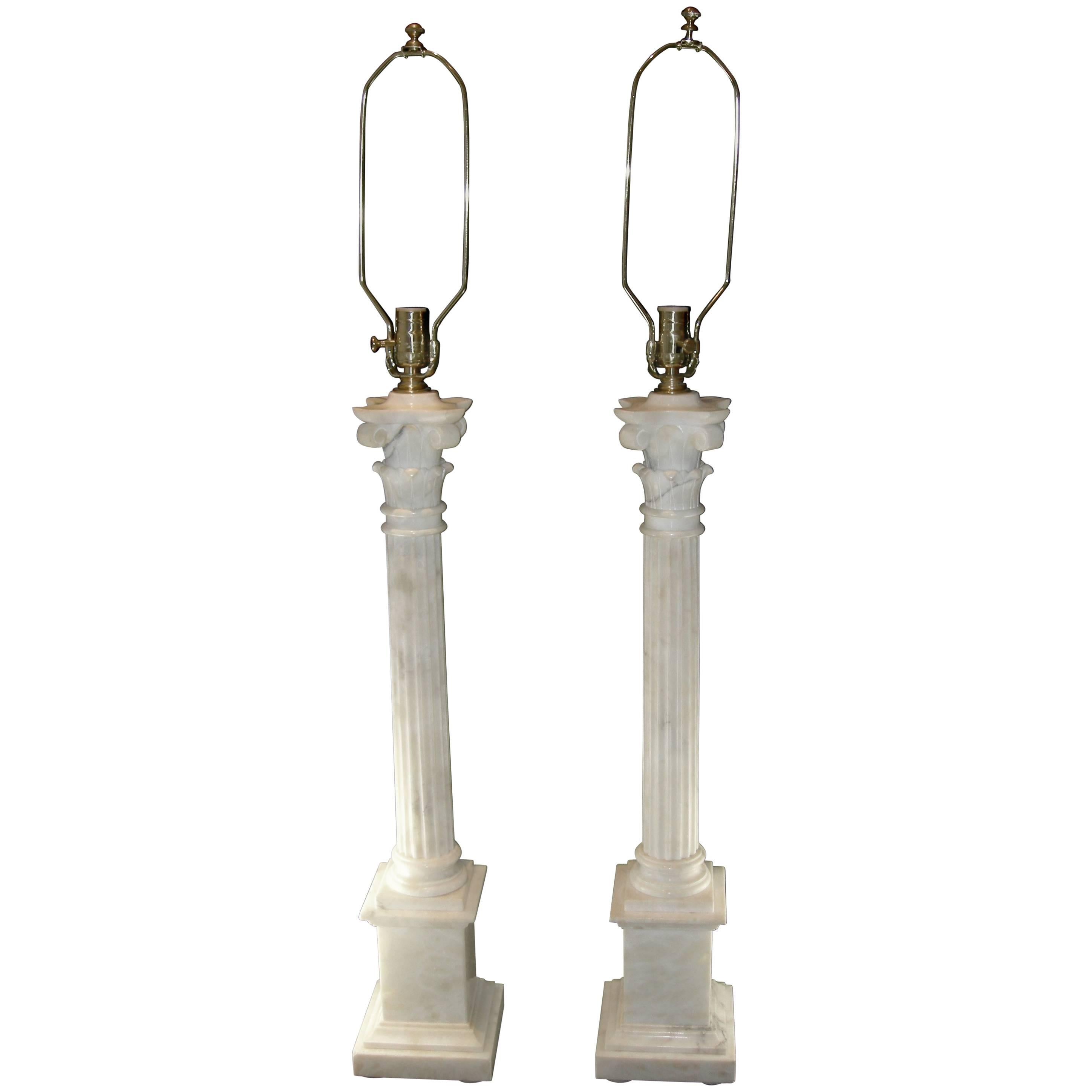 Pair of Tallest of Corinthian Alabaster Lamps For Sale