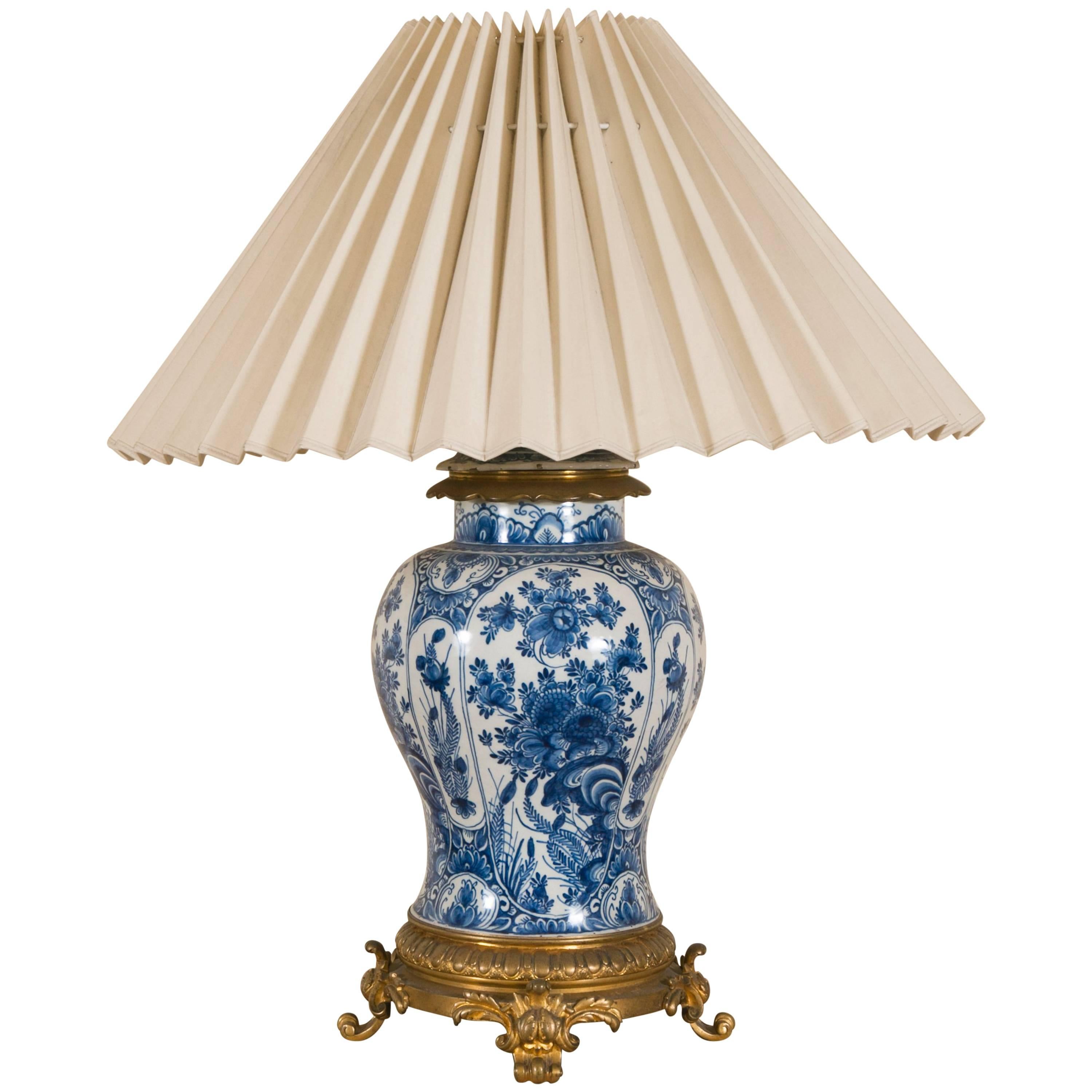 19th Century Delft Vase Lamp Mounted on Gilt Bronze Base and Top For Sale